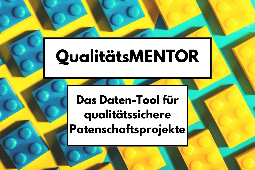 Auf dem Bild steht der Projekttitel: QualitätsMentor. Das Daten Tool für qualitätssichere Patenschaftsprojekte. Im Hintergrund sind blaue und gelbe Legosteine.