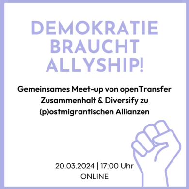 Grafik einer zur Faust geballten Hand. Dazu die Eckdaten: Meet-up Demokratie braucht Allyship. 20. März 2023, 17 Uhr, online.