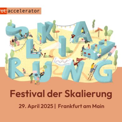 Das Plakat zeigt mittig die Buchstaben S-K-A-L-I-E-R-U-N-G. Auf und um die Buchstaben herum sind kleine Männchen gezeichnet, die sich unterhalten, lesen, eine Leiter besteigen etc. Darunter, auf orangfarbenem Hintergrund ist in brauner Schrift zu lesen: 