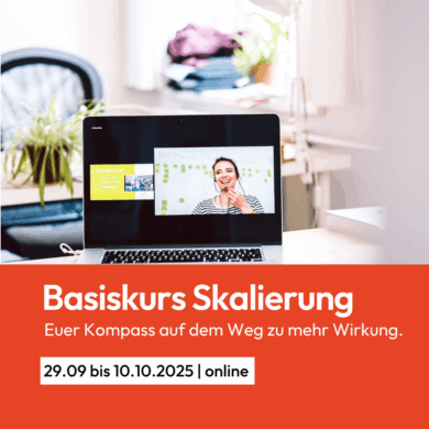 Bewerbungsaufruf für den Basiskurs Skalierung mit Fotos und Text.