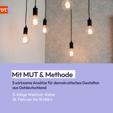 Grafik mit mehreren hängenden Glühbirnen vor hellem Hintergrund. Darunter lilafarbene Fläche mit Text: „Mit MUT & Methode. 5 wirksame Ansätze für demokratisches Gestalten aus Ostdeutschland. 5-teilige Webinar-Reihe. 18. Februar bis 18. März.“ Links oben Logo von openTransfer Zusammenhalt.