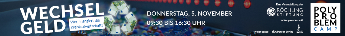 Banner zur Veranstaltung POLYPROBLEM Camp 2026 gibt zentrale Daten wieder, Hintergrund zeigt Plastikmüll