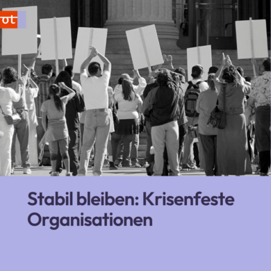 Schwarz-Weiß-Foto einer Demonstration mit Menschen und Plakaten. Daneben Ankündigung des Workshops „Stabil bleiben: Krisenfeste Organisationen“