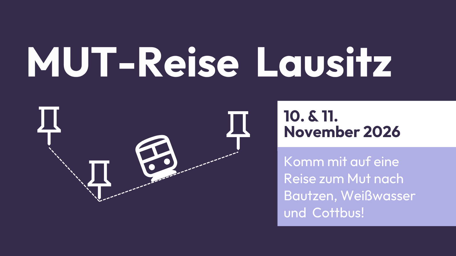 Stilisierte Reiseroute mit drei Stationen und einem Bus als Symbol für die MUT-Reise durch die Lausitz.